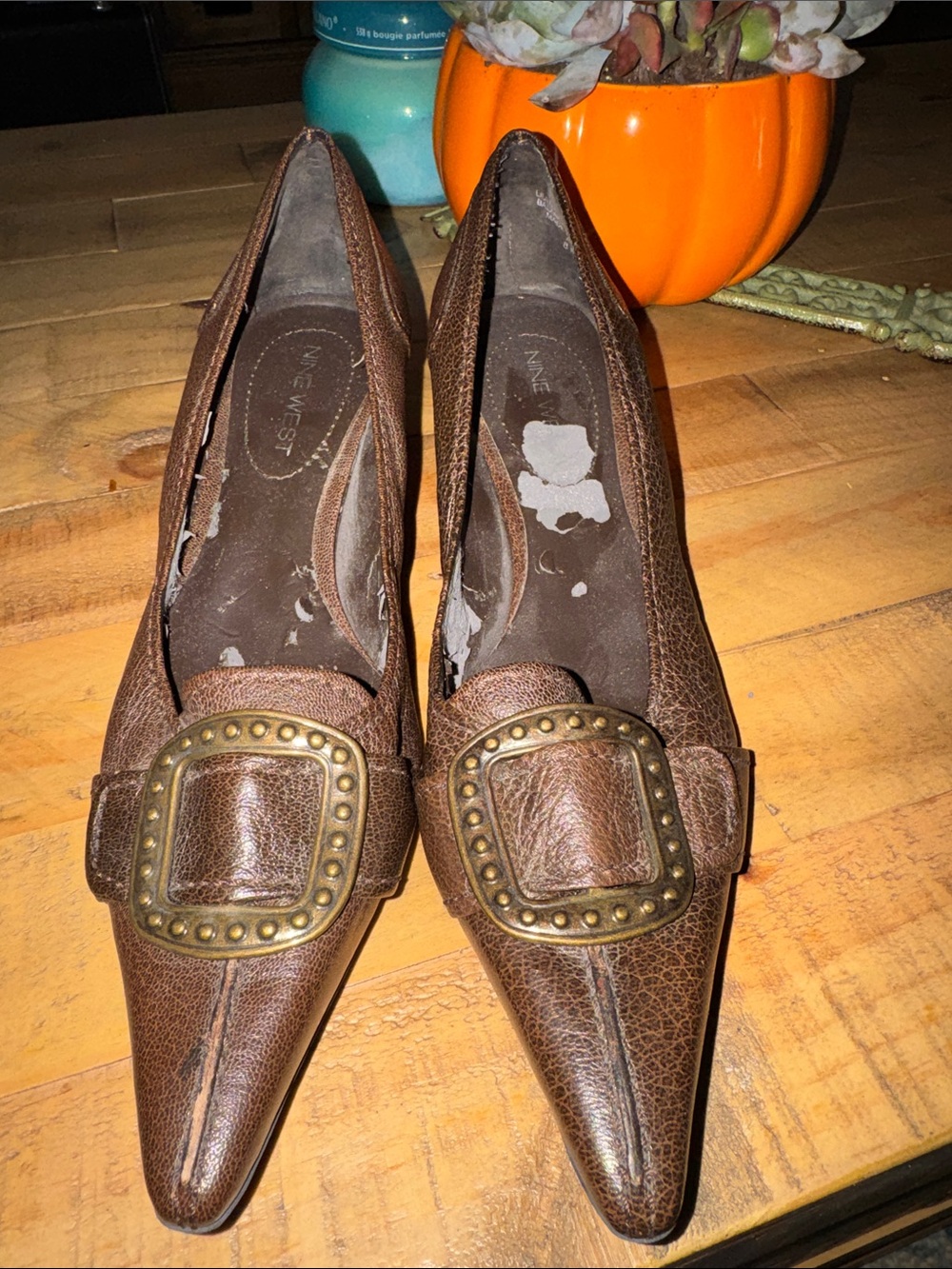 Nine West Brown Pointed Buckle Pumps with Stud Detail